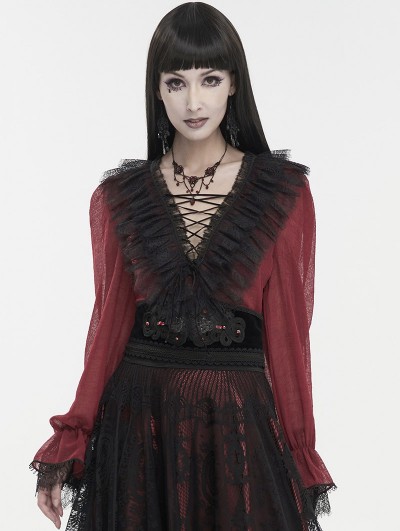 Devil Fashion Red Gothic Sexy V-Neck Long Sleeve Ruffle Shirt for Women