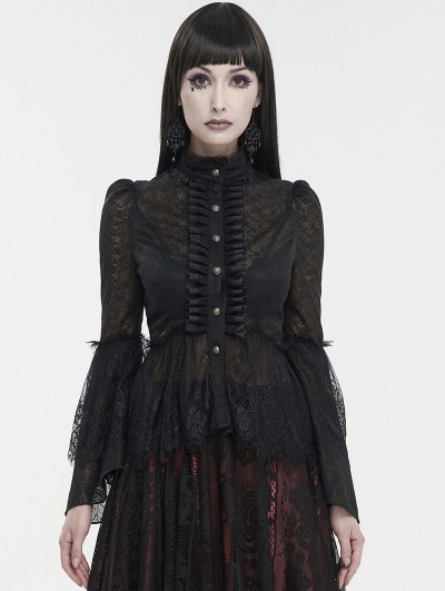 Devil Fashion Black Vintage Gothic Lace Long Trumpet Sleeve Shirt for Women