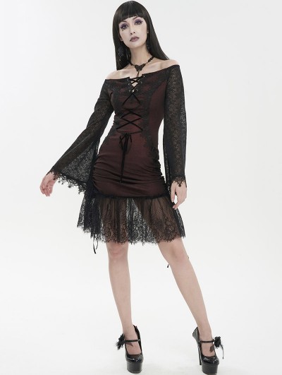 Devil Fashion Black and Red Gothic Off-the-Shoulder Lace Trumpet Sleeve Short Party Dress