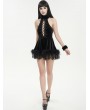 Devil Fashion Black Gothic Fur Trim Halter Sexy Hollow Lace-Up Short Velvet Dress