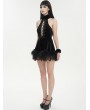 Devil Fashion Black Gothic Fur Trim Halter Sexy Hollow Lace-Up Short Velvet Dress