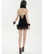 Devil Fashion Black Gothic Fur Trim Halter Sexy Hollow Lace-Up Short Velvet Dress