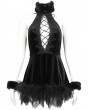 Devil Fashion Black Gothic Fur Trim Halter Sexy Hollow Lace-Up Short Velvet Dress