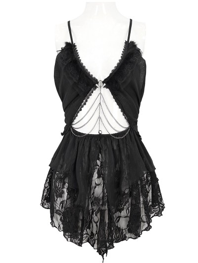 Devil Fashion Black Gothic Rose Pattern One-Piece Sexy Lace Chain
