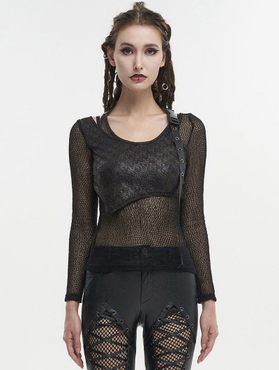 Devil Fashion Black Gothic Punk Buckle Strap Long Net Sleeve T-shirt for Women