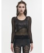 Devil Fashion Black Gothic Punk Buckle Strap Long Net Sleeve T-shirt for Women