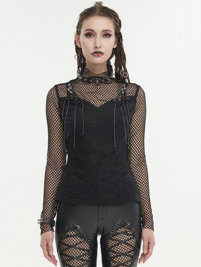 Devil Fashion Black Gothic Punk Skull Drawstring Long Sleeve Net Top for Women