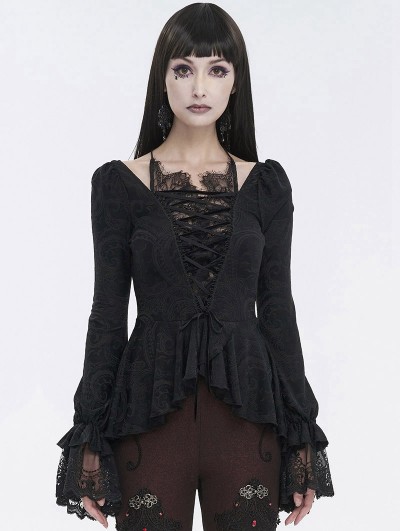 Devil Fashion Black Vintage Gothic Sexy Lace Fitted Irregular Shirt for Women