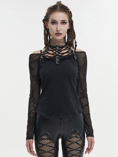 Devil Fashion Black Gothic Punk Chain Patterned Long Sleeve T-Shirt for Women