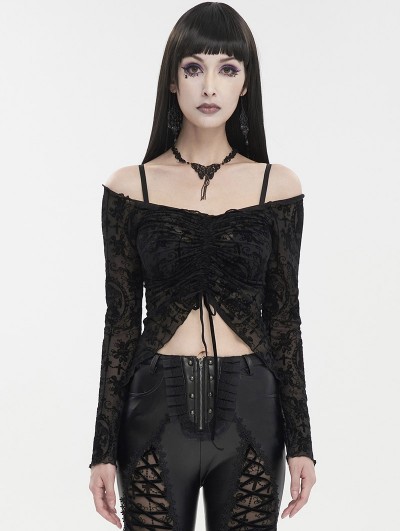 Devil Fashion Black Sexy Gothic Pattern Off-the-Shoulder Ruched Drawstring Crop Top for Women
