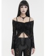 Devil Fashion Black Sexy Gothic Pattern Off-the-Shoulder Ruched Drawstring Crop Top for Women
