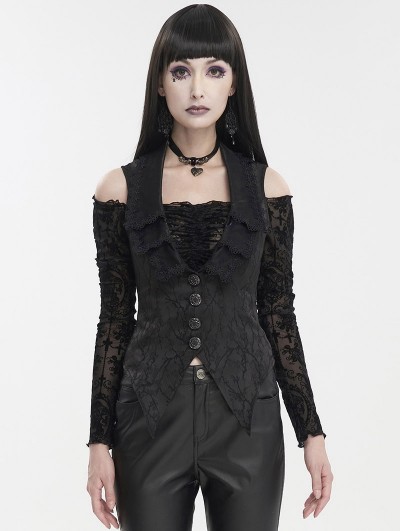 Devil Fashion Black Gothic Vintage Lace Trim Button Front Waistcoat for Women