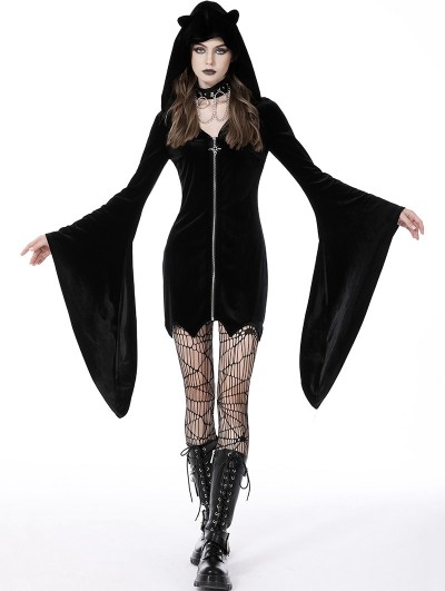 Dark in Love Black Gothic Cat Ear Long Bell Sleeves Hooded Mini Velvet Dress