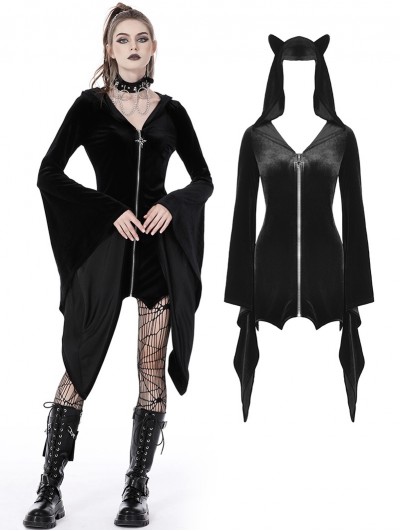 Dark in Love Black Gothic Cat Ear Long Bell Sleeves Hooded Mini Velvet Dress