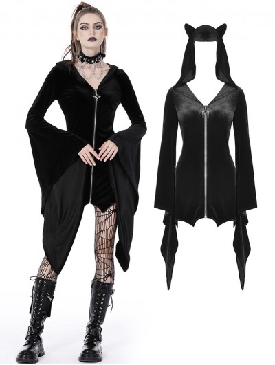 Dark in Love Black Gothic Cat Ear Long Bell Sleeves Hooded Mini Velvet Dress