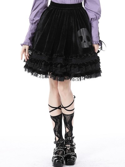 Dark in Love Black Gothic Lolita Witch Skull Pattern Short Velvet Skirt