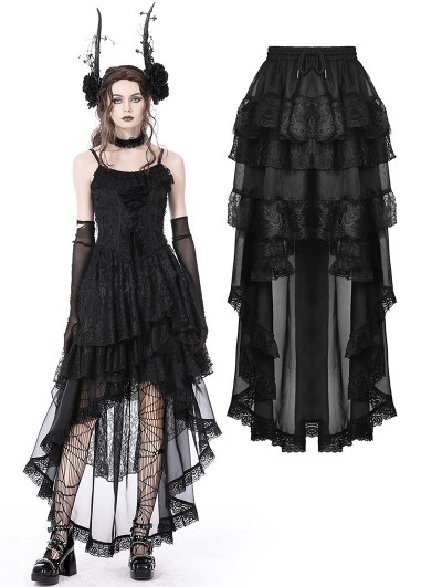 Dark in Love Black Gothic Chiffon Lace Trim High-Low Skirt