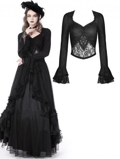 Dark in Love Black Romantic Gothic Lace Sexy Long Sleeve Top for Women