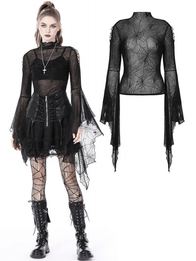 Dark in Love Black Gothic Spider Mesh Exaggerated Sleeves Top for Women