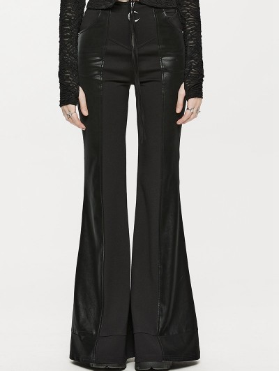 Punk Rave Black Gothic Daily Wear Spliced Faux Leather Long Flared Pants for Women