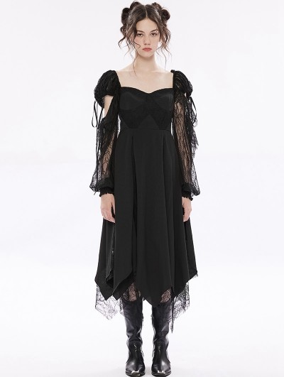 Punk Rave Black Gothic Lace Irregular Hem Long Hollow Sleeve Party Dress