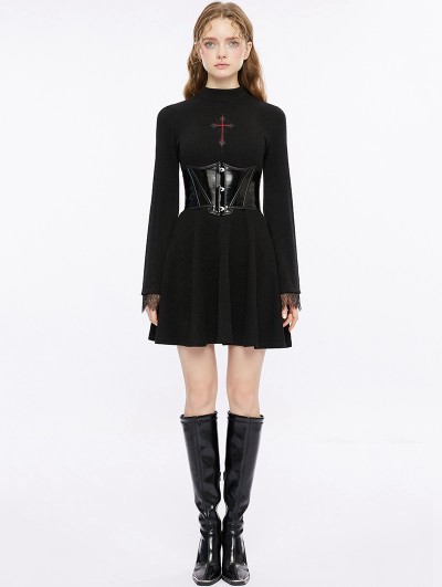 Punk Rave Black Gothic Cross Embroidered Basic Fit A Line Short Dress