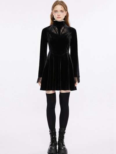 Punk Rave Black Gothic Vintage Velvet Long Sleeve Short Dress