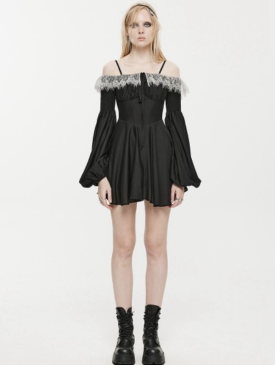 Punk Rave Black Gothic Chiffon Off-the-Shoulder Lace Trim Long Sleeve Short Dress