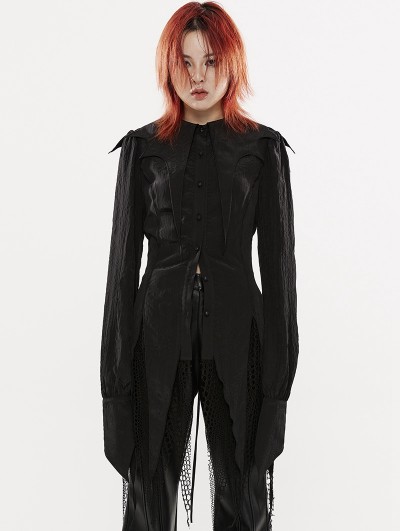 Punk Rave Black Gothic Bat Pointed Collar Spliced Mesh Shirt for Women