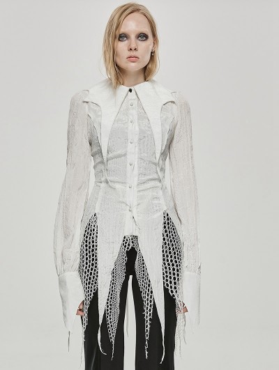 Punk Rave White Gothic Bat Pointed Collar Spliced Mesh Shirt for Women