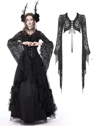 Dark in Love Black Vintage Gothic Lace Long Bell Sleeves Short Cape for Women