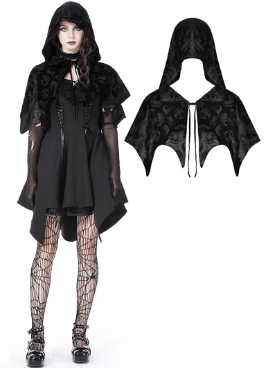 Dark in Love Black Gothic Skull Pattern Velvet Bat Hooded Short Cape for Women