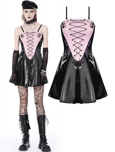 Dark in Love Pink and Black Gothic Grunge Locomotive Rebel Leather Mini Dress