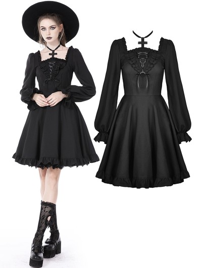 Dark in Love Black Gothic Cross Daily Wear Long Sleeve Frilly Short Dress