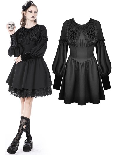 Dark in Love Black Gothic Cross Coffin Collar Long Sleeve Short Doll Dress