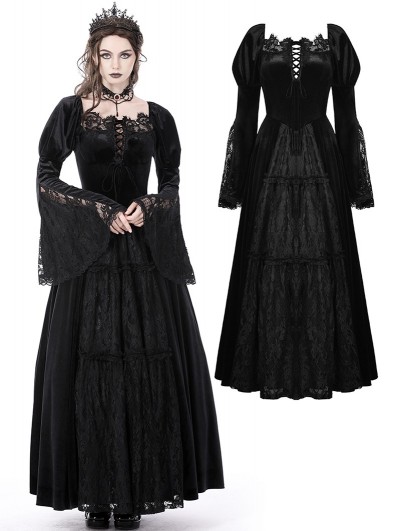 Dark in Love Black Gothic Vintage Gorgeous Velvet Lace Splicing Maxi Party Dress