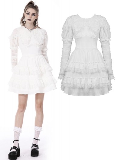 Dark in Love White Angel Gothic Lace Frilly Long Sleeve Daily Wear Dress