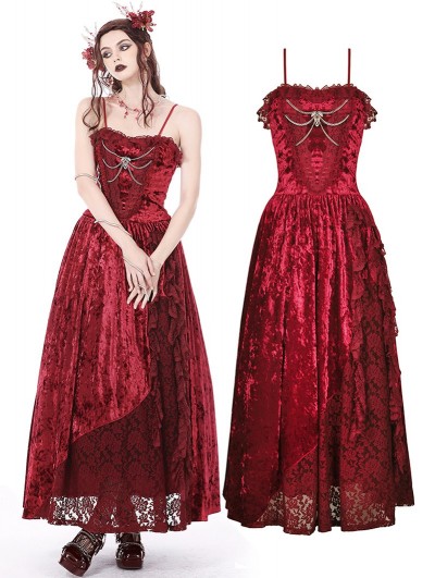 Dark in Love Red Gothic Blood Rose Lace Gorgeous Spaghetti Strap Velvet Maxi Party Dress