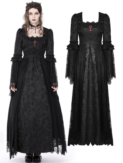 Dark in Love Black Gothic Retro Court Embroidery Long Sleeve Lace Maxi Party Dress