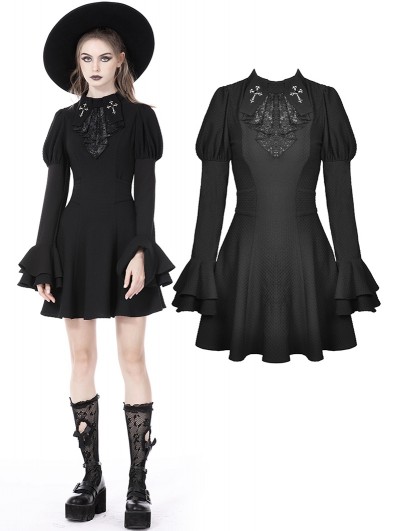 Dark in Love Black Gothic Cross Daily Wear Long Trumpet Sleeve Short Dress