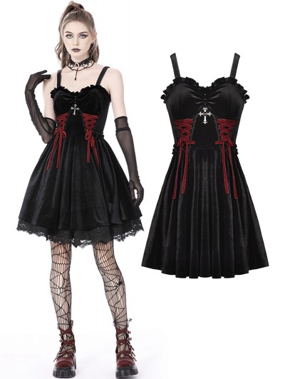 Dark in Love Black Gothic Bloody Lace Up Short Velvet Strap Party Dress