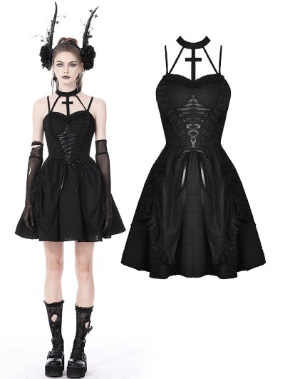 Dark in Love Black Gothic Cross Halter Neck Strap Short Party Dress