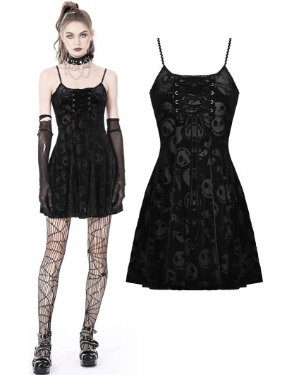 Dark in Love Black Gothic Velvet Skull Pattern Short Strap Dress