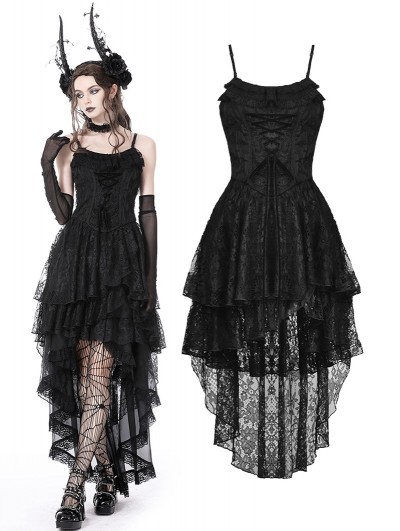 Dark in Love Black Gothic Ghost Frilly Lace High-Low Strap Party Dress