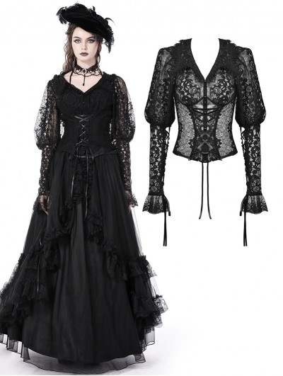 Dark in Love Black Retro Gothic Sexy V-Neck Lace Long Sleeve Blouse for Women