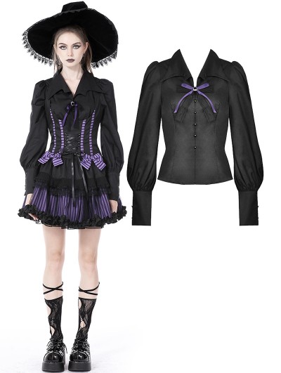 Dark in Love Black Gothic Bat Wing Collar Bow Long Sleeve Blouse for Women