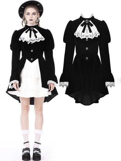 Dark in Love Black Gothic Retro Contrast Frilly Jabot Velvet Jacket for Women