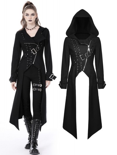 Dark in Love Black Gothic Punk Asymmetrical Hooded Long Coat for Women