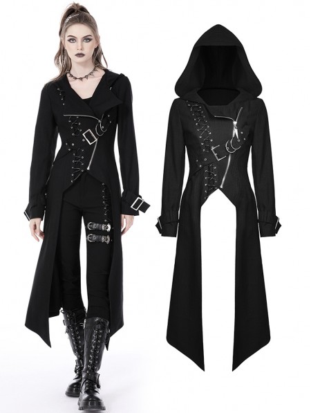 Dark in Love Black Gothic Punk Asymmetrical Hooded Long Coat for Women ...