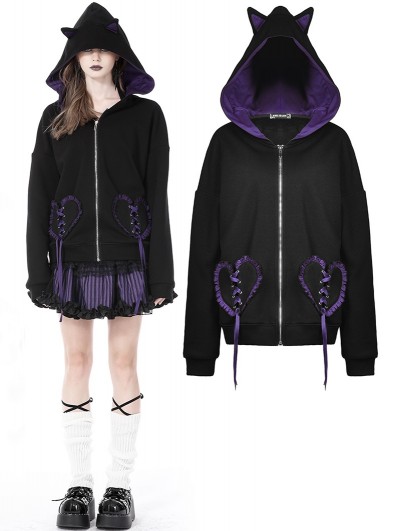 Dark in Love Black and Purple Gothic Cat Ear Wing Back Short Hoodie for Women